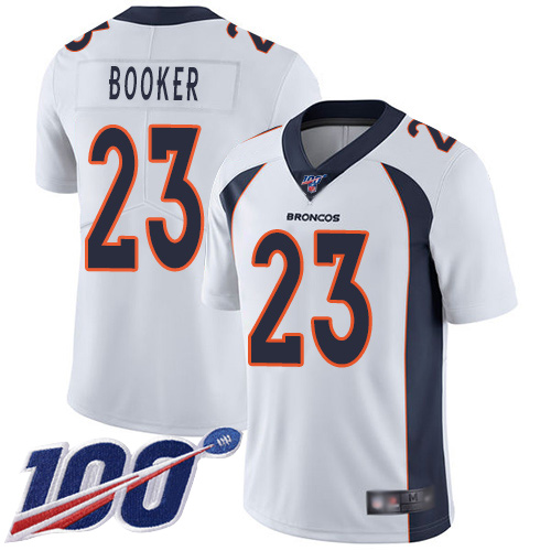Men Denver Broncos 23 Devontae Booker White Vapor Untouchable Limited Player 100th Season Football NFL Jersey